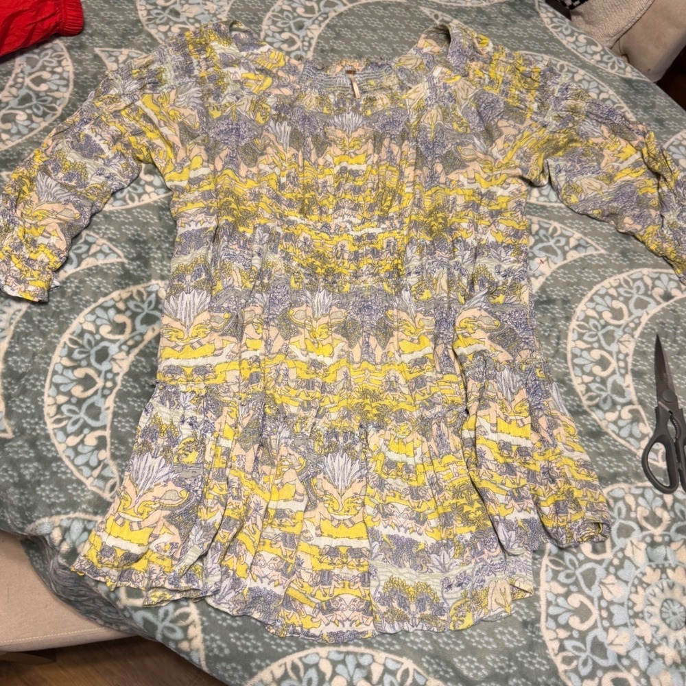 Free People Yellow Blue Floral Smocked Tiered Boho Mini Dress Womens Large L